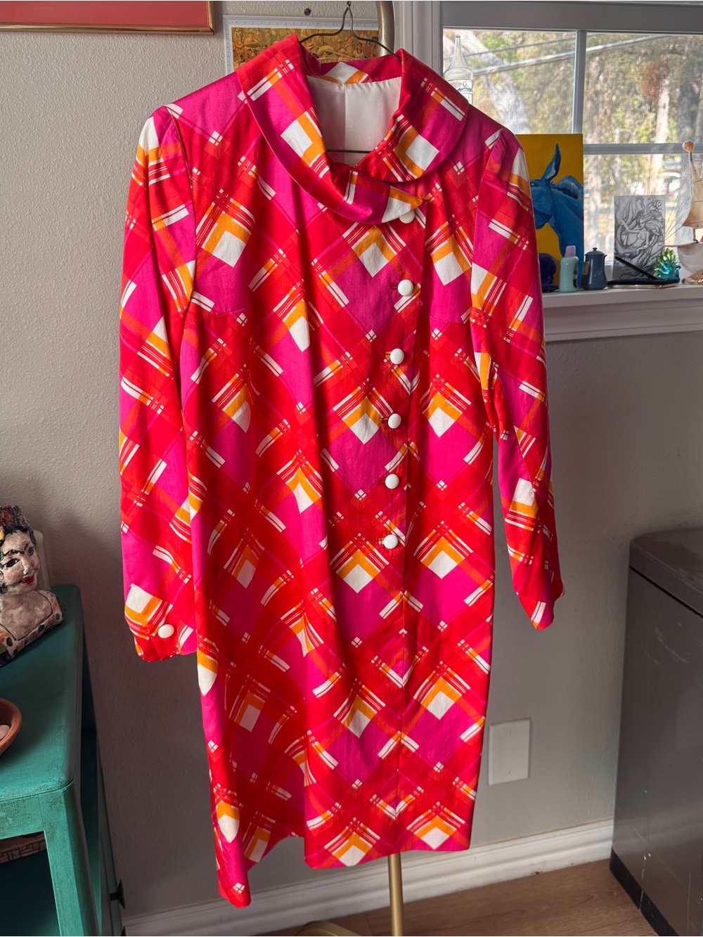 Vintage 70s Mod Plaid Shift Dress — Pink, Orange & White Geometric